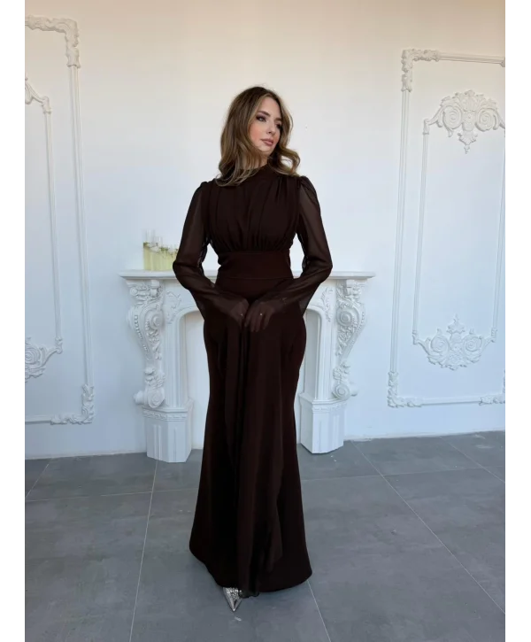 Korse Detaylı Tül Kollu Uzun Kahve Elbise