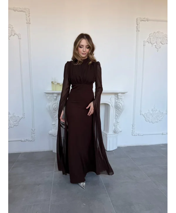 Korse Detaylı Tül Kollu Uzun Kahve Elbise