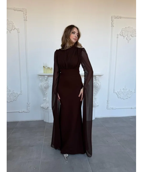 Korse Detaylı Tül Kollu Uzun Kahve Elbise