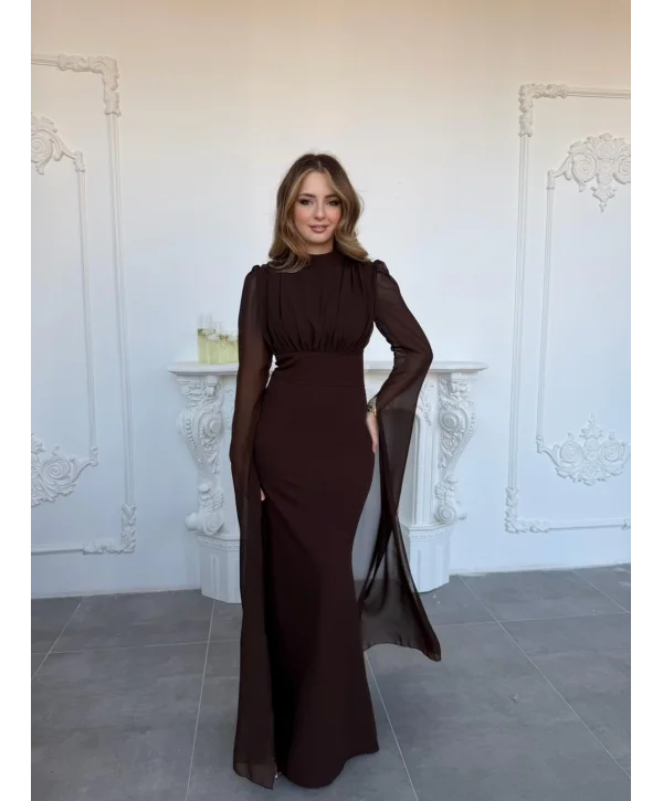 Korse Detaylı Tül Kollu Uzun Kahve Elbise