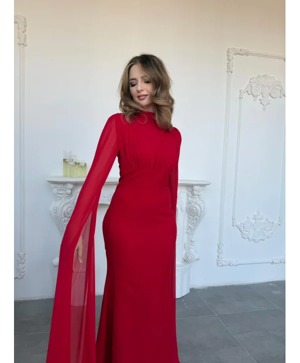 Korse Detaylı Tül Kollu Uzun Kırmızı Elbise