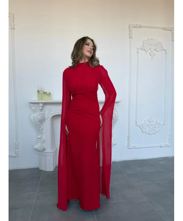 Korse Detaylı Tül Kollu Uzun Kırmızı Elbise