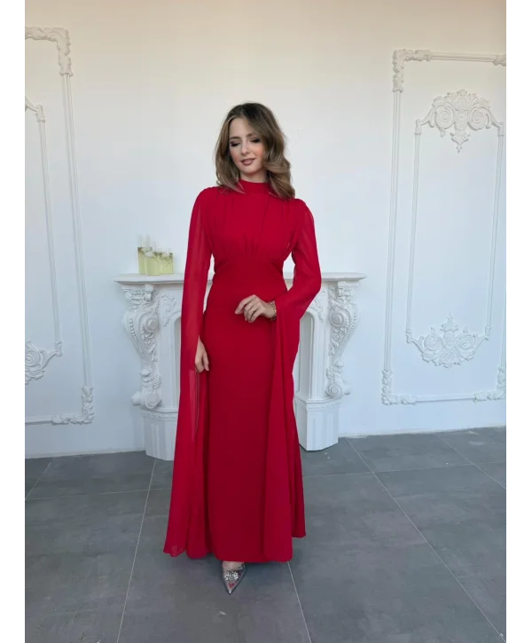 Korse Detaylı Tül Kollu Uzun Kırmızı Elbise