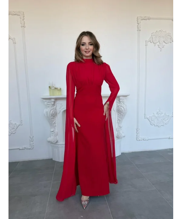 Korse Detaylı Tül Kollu Uzun Kırmızı Elbise