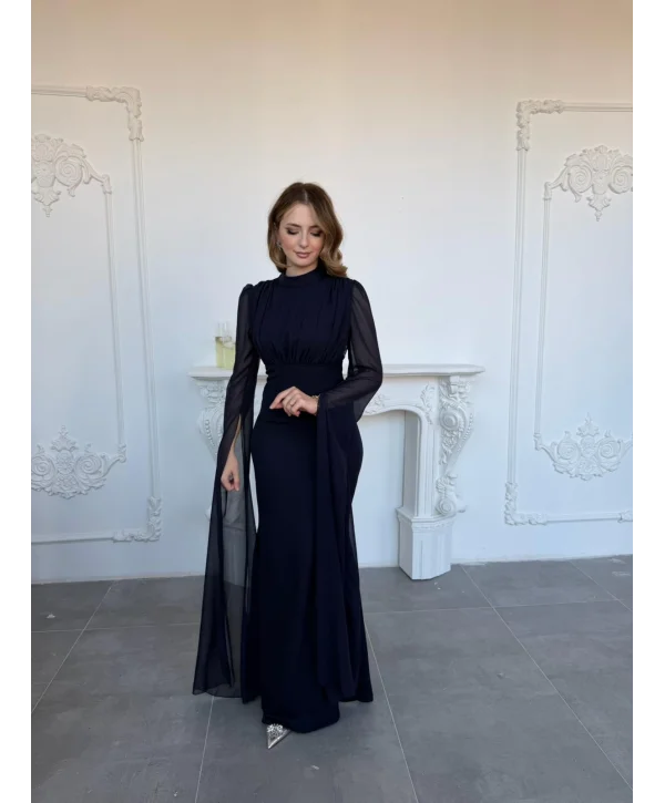 Korse Detaylı Tül Kollu Uzun Lacivert Elbise