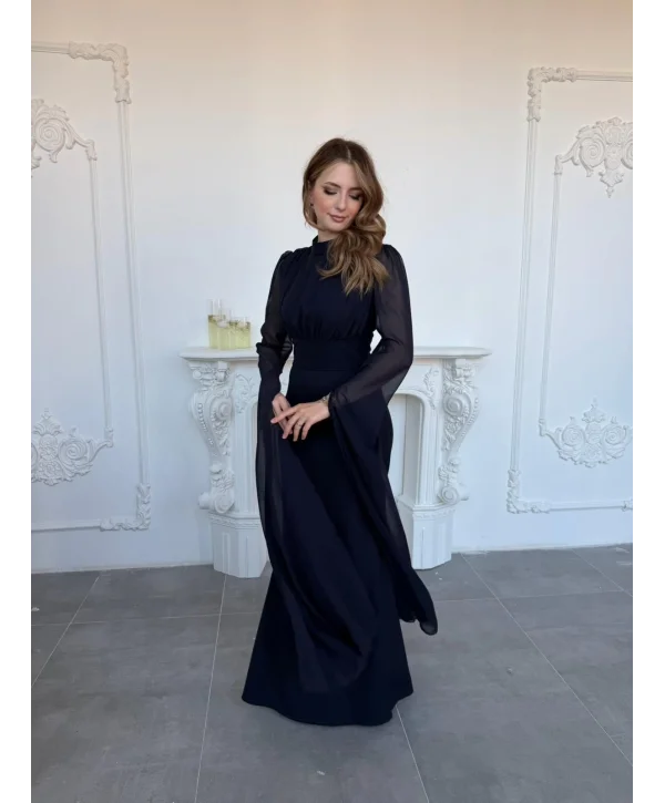 Korse Detaylı Tül Kollu Uzun Lacivert Elbise