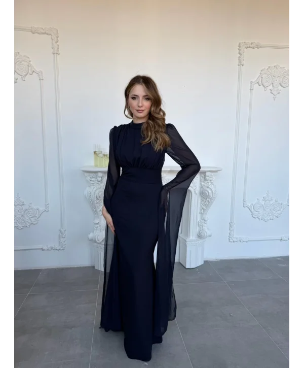 Korse Detaylı Tül Kollu Uzun Lacivert Elbise