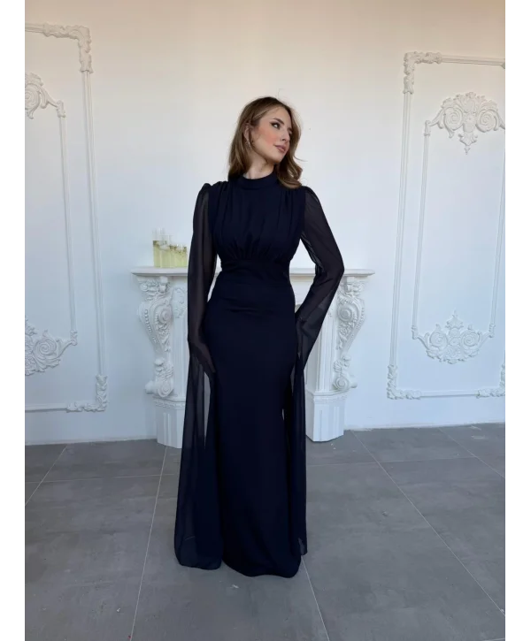 Korse Detaylı Tül Kollu Uzun Lacivert Elbise