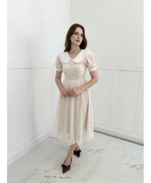 Krem Şifon Kumaş Kalp Desenli Bebe Yaka Elbise