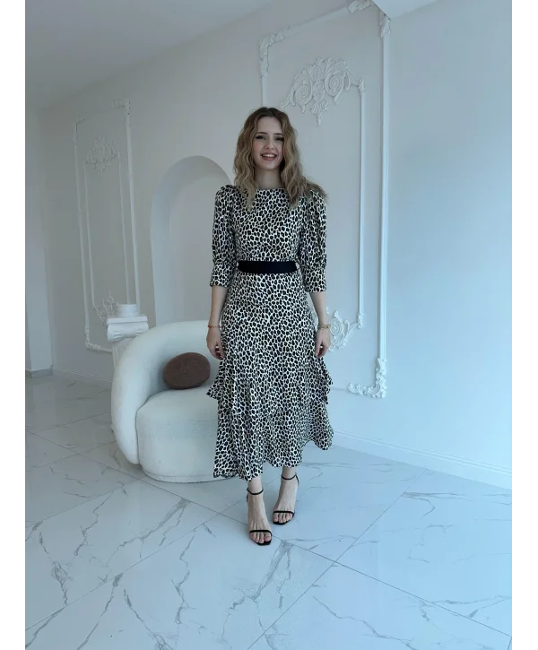 Kuşak Garnili Leopar Saten Kat Kat Elbise
