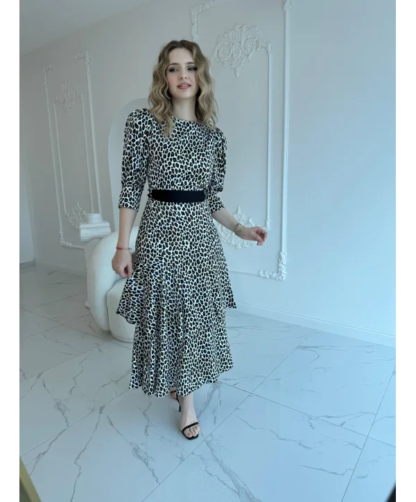 Kuşak Garnili Leopar Saten Kat Kat Elbise