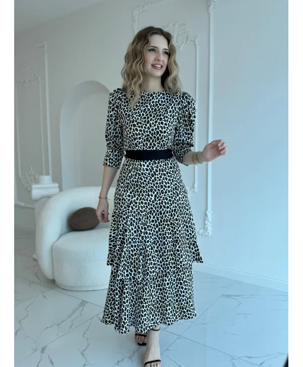 Kuşak Garnili Leopar Saten Kat Kat Elbise