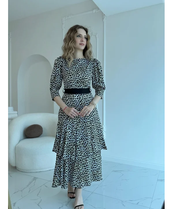 Kuşak Garnili Leopar Saten Kat Kat Elbise