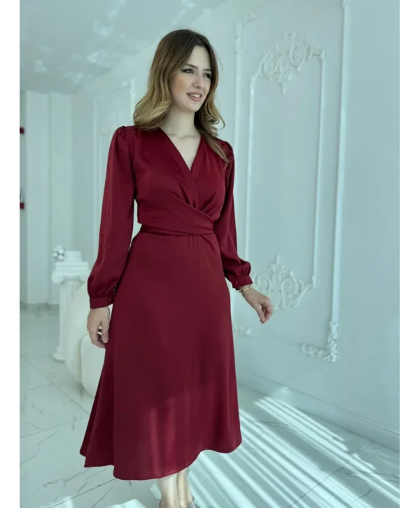 Kuşaklı, Dökümlü ve Şık Tensel Saten Bordo Elbise