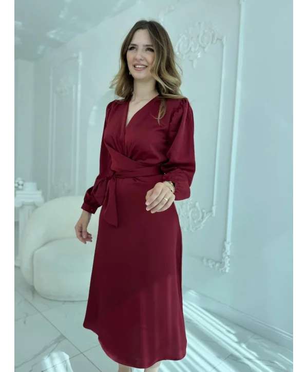 Kuşaklı, Dökümlü ve Şık Tensel Saten Bordo Elbise