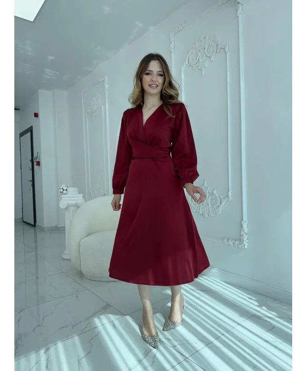 Kuşaklı, Dökümlü ve Şık Tensel Saten Bordo Elbise