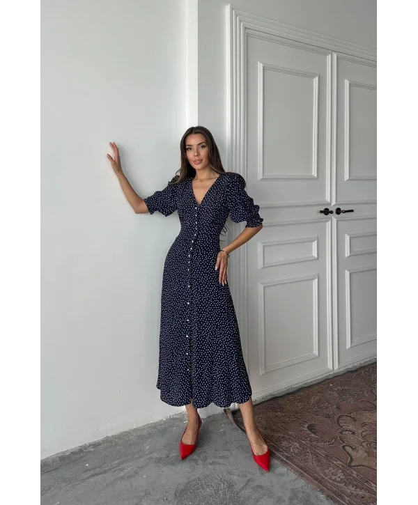 Lacivert Bel ve Kol Ucu Gipeli Elbise