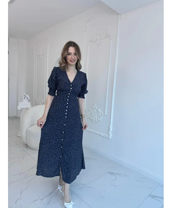 Lacivert Bel ve Kol Ucu Gipeli Elbise