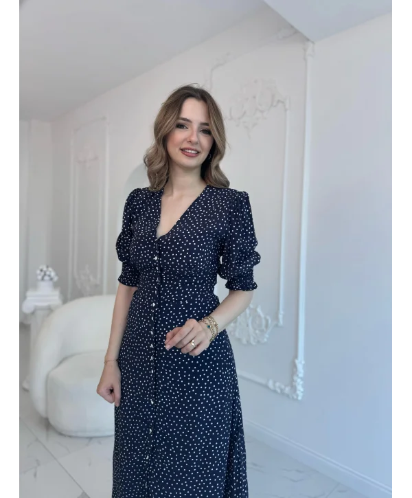 Lacivert Bel ve Kol Ucu Gipeli Elbise