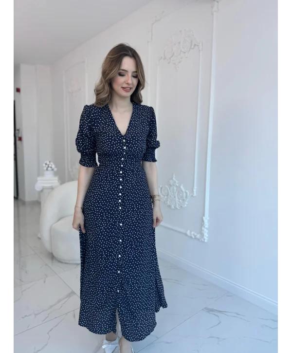 Lacivert Bel ve Kol Ucu Gipeli Elbise