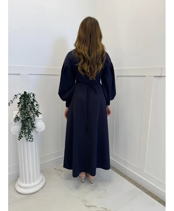 Rosa Lacivert Gül Kemer Detaylı Scuba Maxi Boy Elbise