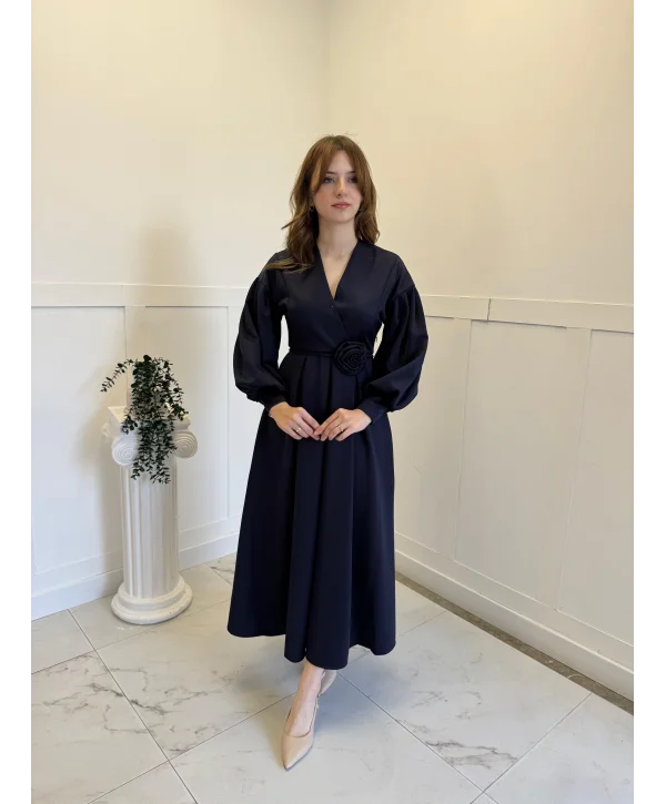 Rosa Lacivert Gül Kemer Detaylı Scuba Maxi Boy Elbise