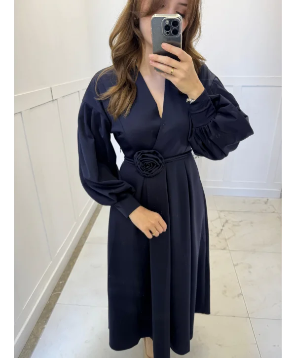 Rosa Lacivert Gül Kemer Detaylı Scuba Maxi Boy Elbise