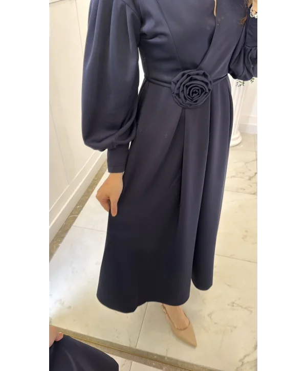 Rosa Lacivert Gül Kemer Detaylı Scuba Maxi Boy Elbise