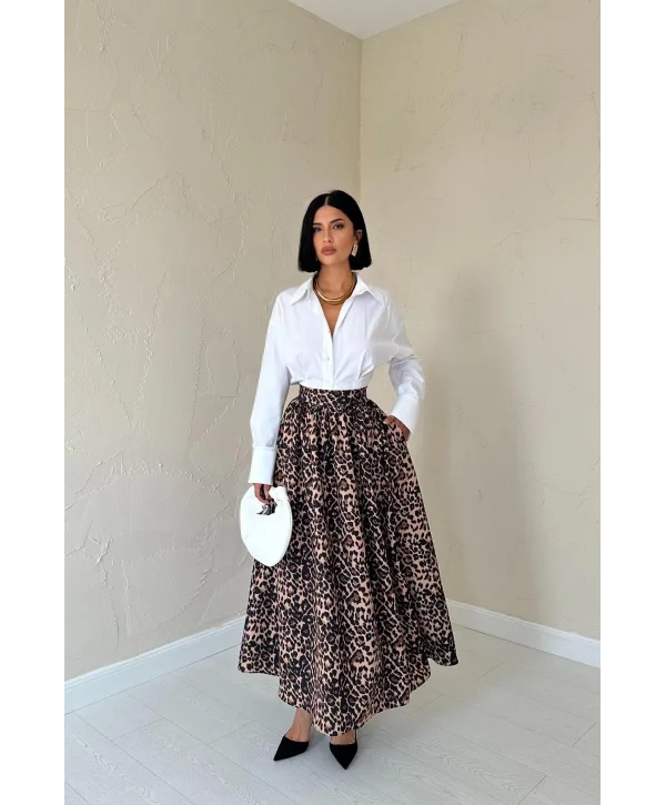 Leopar Büzgülü Uzun Etek