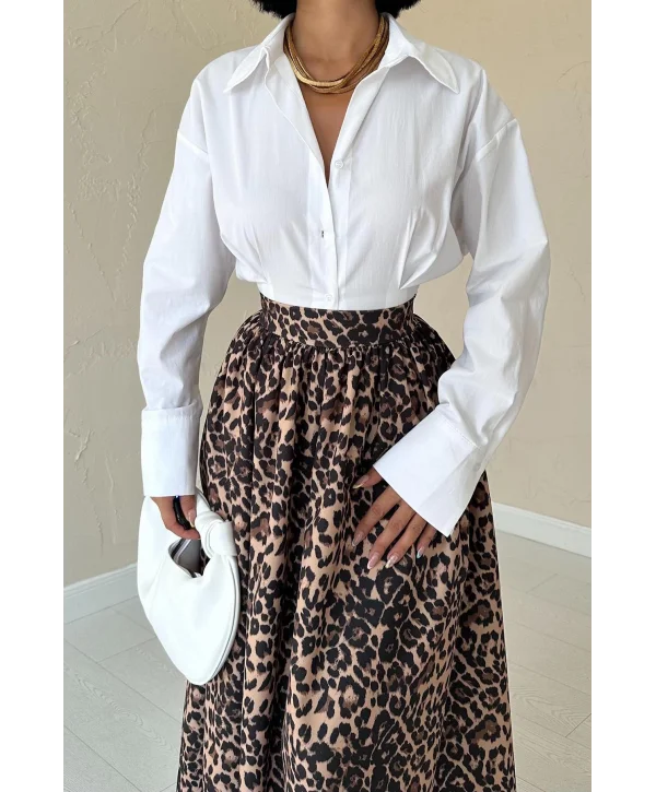Leopar Büzgülü Uzun Etek