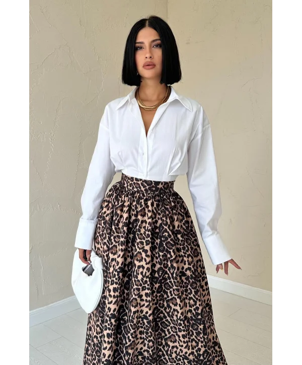 Leopar Büzgülü Uzun Etek