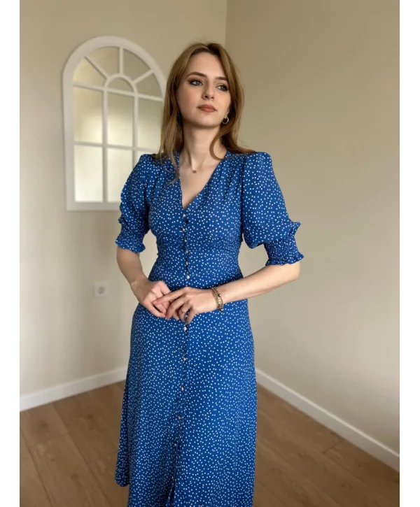 Mavi Bel ve Kol Ucu Gipeli Elbise