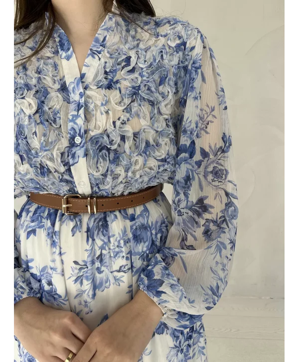 Mavi Çiçekli Kemerli Şifon Elbise