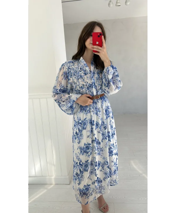 Mavi Çiçekli Kemerli Şifon Elbise