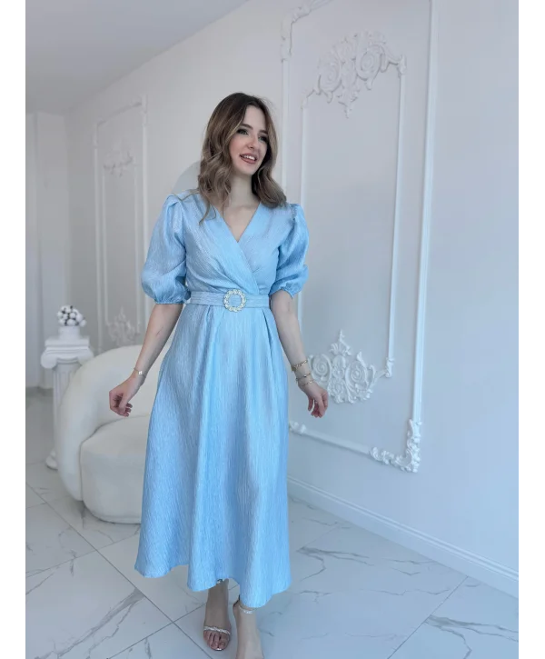 Mavi Işıltılı Kemerli Kruvaze Elbise