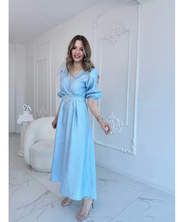 Mavi Işıltılı Kemerli Kruvaze Elbise