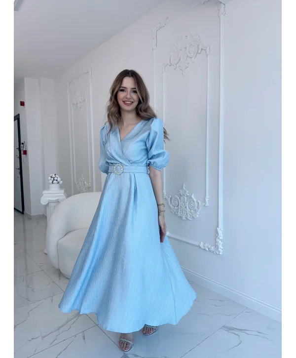 Mavi Işıltılı Kemerli Kruvaze Elbise