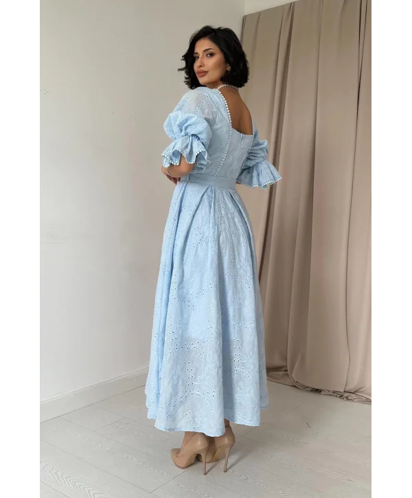 Mavi Kolu Lastikli Brode Prenses Elbise