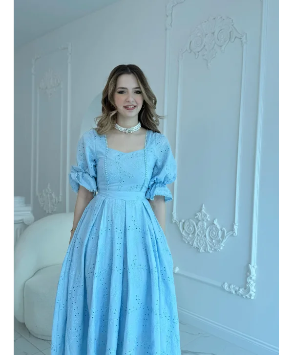 Mavi Kolu Lastikli Brode Prenses Elbise