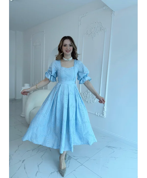 Mavi Kolu Lastikli Brode Prenses Elbise