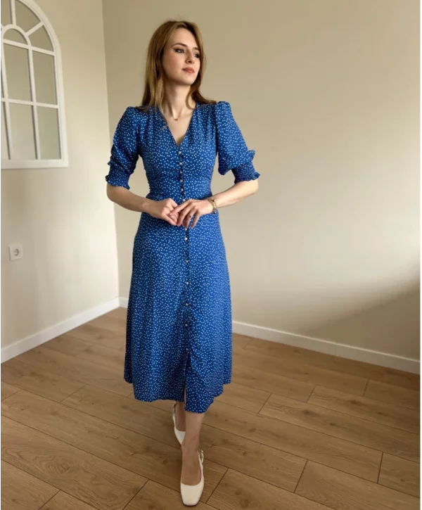 Mavi Bel ve Kol Ucu Gipeli Elbise