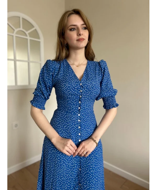 Mavi Bel ve Kol Ucu Gipeli Elbise