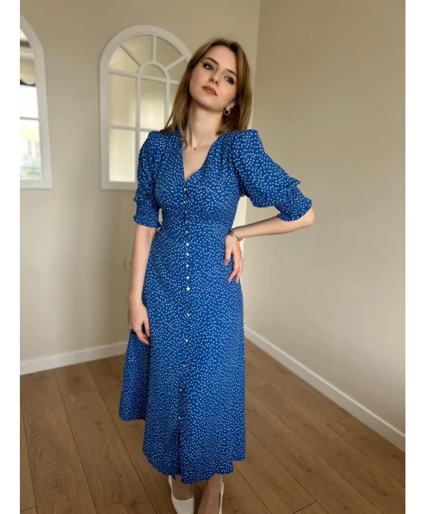 Mavi Bel ve Kol Ucu Gipeli Elbise