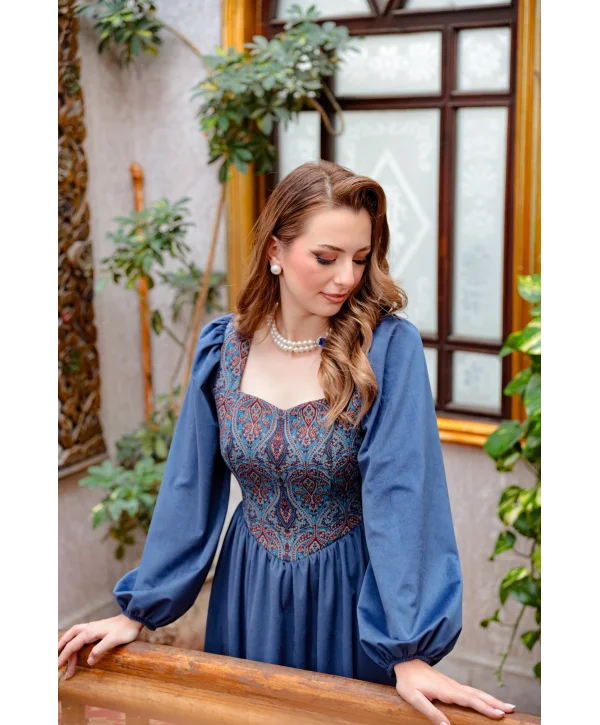 Mavi Taşlı İki Sıra İnci Kolye