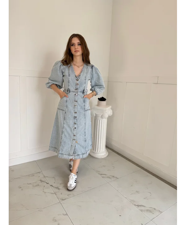 Midi Boy Düğmeli Açık Kot Elbise