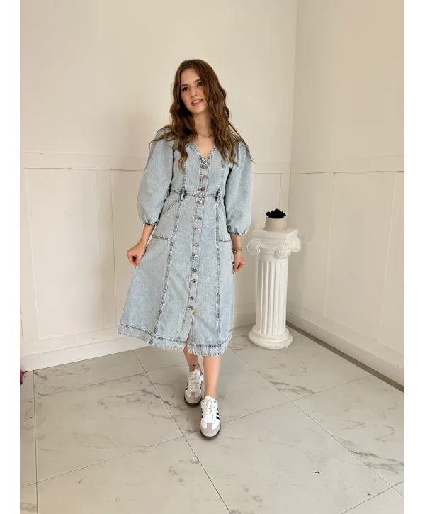 Midi Boy Düğmeli Açık Kot Elbise