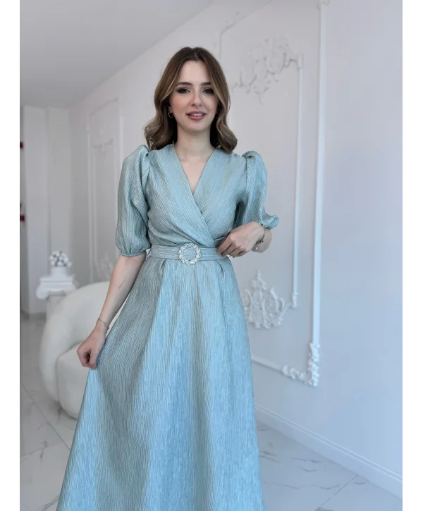 Mint Işıltılı Kemerli Kruvaze Elbise