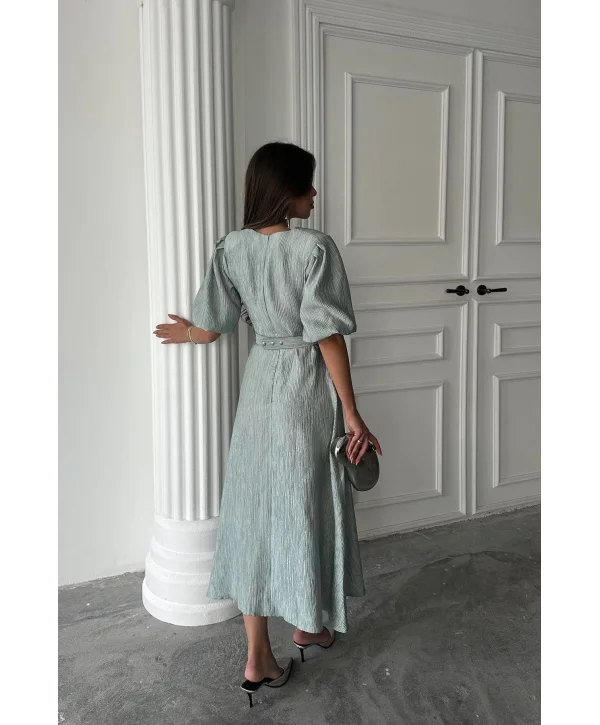 Mint Işıltılı Kemerli Kruvaze Elbise