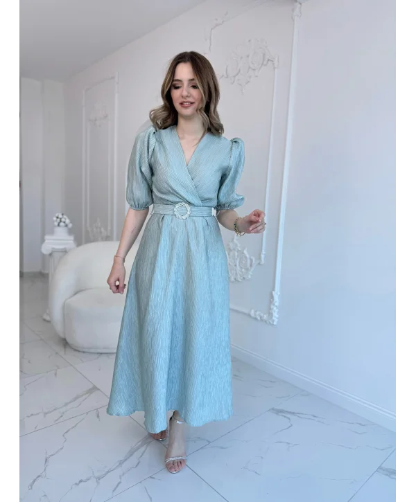 Mint Işıltılı Kemerli Kruvaze Elbise