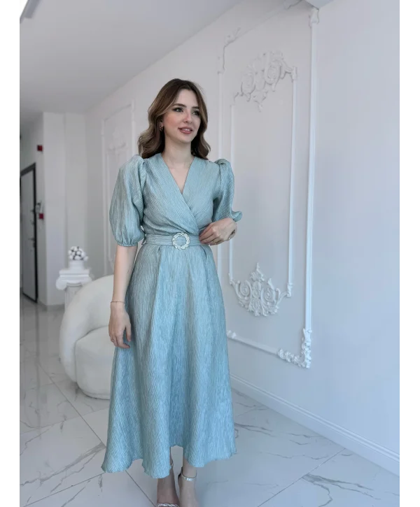 Mint Işıltılı Kemerli Kruvaze Elbise